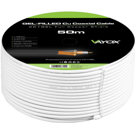 Anténní koaxiální kabel Měděný gel CU Pozemní 4K Full HD Bílý 50M VAYOX