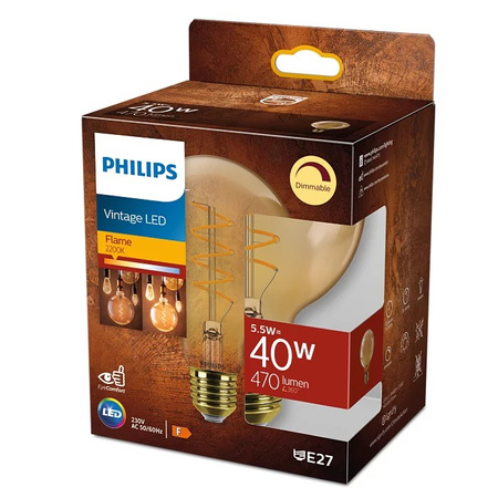 Globe LED žárovka E27 G95 5.5W = 40W 470lm 2200K Teplá bílá Filament Jantar PHILIPS Stmívatelné