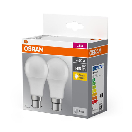 2x LED žárovka A60 B22d 8W = 60W 806lm 2700K Warm 150° BASE Osram