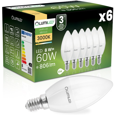 6x Žárovka LED Svíčka B35, E14 8W = 60W 806lm 3000K Teplá bílá 180° LUMILED