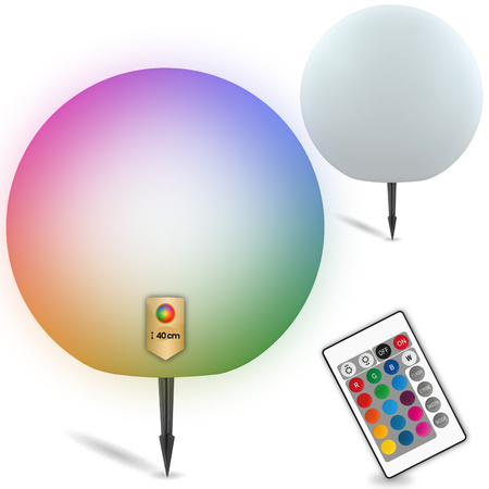 LED zahradní kuličková solární lampa s hroty bílá RGB 40 cm 3000K pozemní + dálkové ovládání
