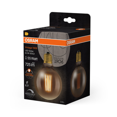 Dekorativní LED žárovka G95 Sphere E27 6,5W = 55W 725lm 2400K teplá bílá 300° Dimmable Vintage 1906 Osram
