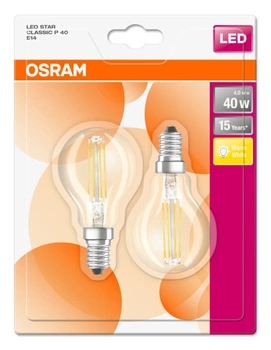 2x LED žárovka E14 P45 4W = 40W 470lm 2700K Teplá bílá 300° Vlákno OSRAM