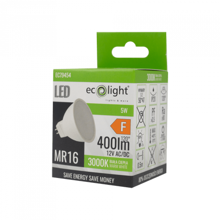 LED reflektorová žárovka MR16 GU5.3 5W 400lm 3000K Warm 12V Ecolight