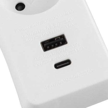 Síťový prodlužovací kabel s uzemněním 3 zásuvky 1,5 m vypínač bílý USB + USB-C kabel ELGER Lumiled