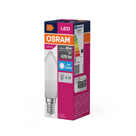 LED žárovka B37 Candle E14 4,9W = 40W 470lm 6500K Cold 180° VALUE CLASSIC Osram