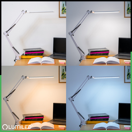 Stolní lampa LED 12W, CCT USB stmívatelná Bílá s držákem COSMI LUMILED