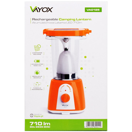 Dobíjecí kempingová svítilna 710lm 6000K Solární USB Powerbank VA0125 VAYOX