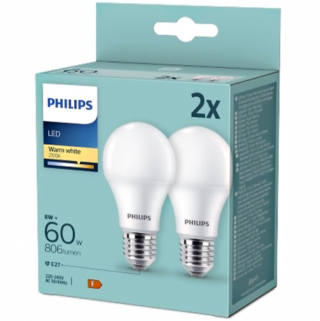 2x LED žárovka E27 A60 8W = 60W 806lm 2700K Teplá bílá PHILIPS