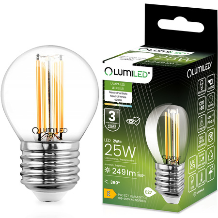 LED žárovka E27 P40 Filament 2W = 25W 249lm 4000K neutrální bílá 360° LUMILED