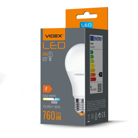 LED žárovka E27 A60 8W = 57W 760lm 6000K studená bílá 240° Videx