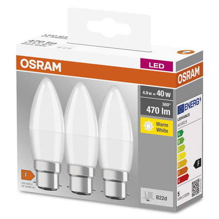 3x LED žárovka B37 Candle B22d 4,9W = 40W 470lm 2700K Warm 200° BASE Osram