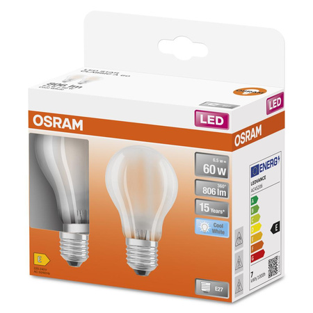 2x LED žárovka E27 A60 7W = 60W 806lm 4000K Neutrální bila 300° vlákno OSRAM STAR
