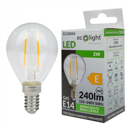 LED žárovka kapka P45 E14 2W 240lm 2700K teplá bílá FILAMENT Ecolight