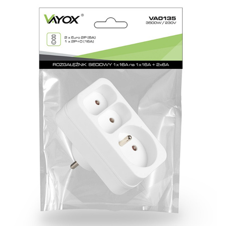 Rozdělovač elektrické sítě 2x Euro 2P + 1x 2P+0 Zloděj 3 zásuvky VAYOX