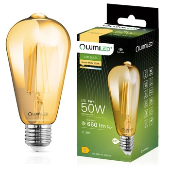 Žárovka LED E27, ST64 6W = 50W 660lm 2200K Teplá bílá 360° Filament LUMILED