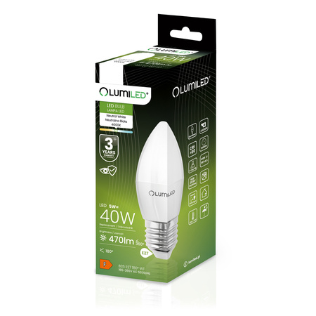 6x Žárovka LED E27, B35 5W = 40W 470lm 4000K Neutrální bílá 180° LUMILED