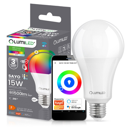 Žárovka LED E27, A70 15W = 100W 1500lm RGB CCT Stmívatelná Inteligentní TUYA WiFi SMART SAYO LUMILED