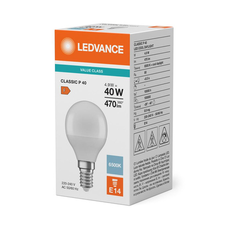 LED žárovka P45 E14 4,9W = 40W 470lm 6500K studená bílá LEDVANCE