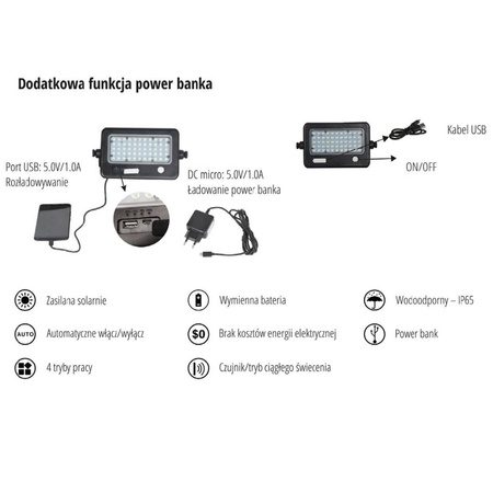 LED HALOGEN solární reflektor 10W 4000K 1100lm KOBI Motion Sensor Power Bank