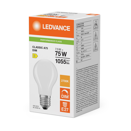 LED žárovka A60 E27 7,5W = 75W 1055lm 2700K Teplá bílá FILAMENTNÍ STMÍVATELNÁ LEDVANCE