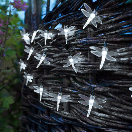 Solární zahradní okrasné girlandy Světelný řetěz 20 LED průhledných vážek studené barvy