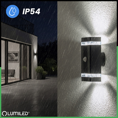 Zahradní nástěnné svítidlo shora dolů 2x GU10 Black Senzor pohybu a soumraku HEDERA LUMILED