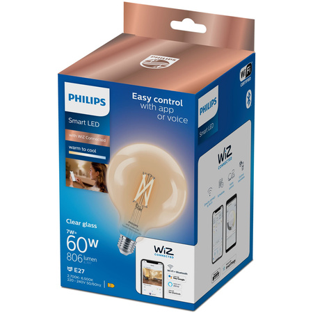 LED žárovka E27 G125 7W = 60W 2700-6500K FILAMENT SMART WiFi Philips WiZ