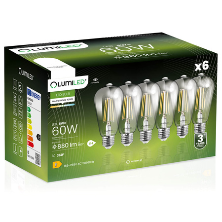 6x Žárovka LED Edison ST64, E27 8W = 60W 880lm 4000K Neutralní bílá 360° Filament LUMILED