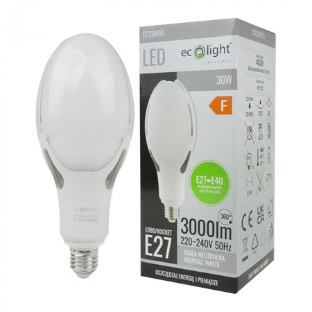 LED žárovka E27 30W 3000lm 4000K neutrální bílá Rocket + adaptér E40 Ecolight