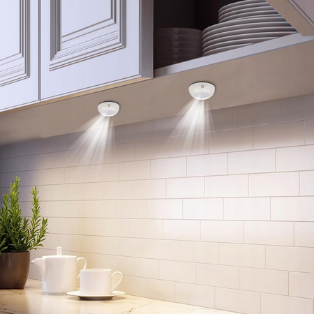 2x LED samolepicí kulaté podskříňové svítidlo. 4000K 3xAAA napájené baterií. bílá