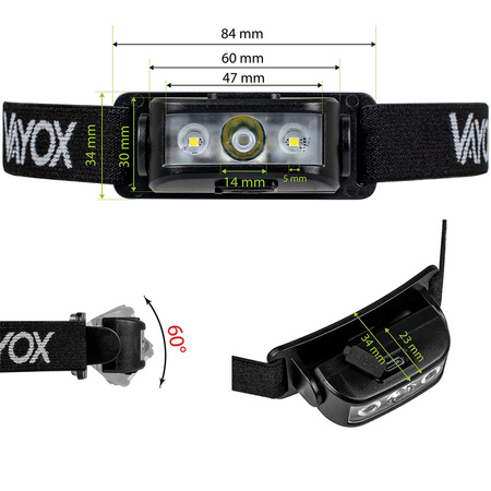 Dobíjecí čelová svítilna 100lm 100LM LED + 2XLED 5 režimů VAYOX