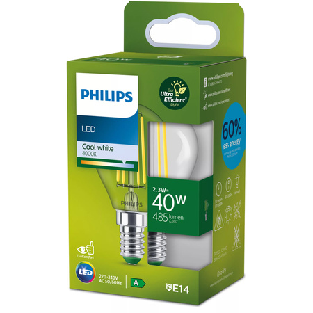 LED žárovka E14 Ball P45 2,3W = 40W 485lm 210lm/W 4000K Neutral 300° CLASS A UltraEfficient Philips