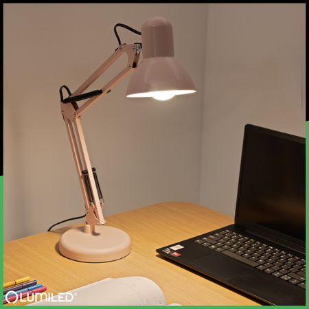 Stolní kreslící lampa E27 TOBI Pastelově růžová Lumiled + držák na desku