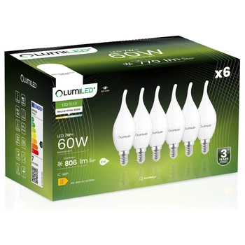 6x Žárovka LED Plamínek BA35, E14 7W = 60W 806lm 4000K Neutralní bílá 360° Filament Mléčná LUMILED