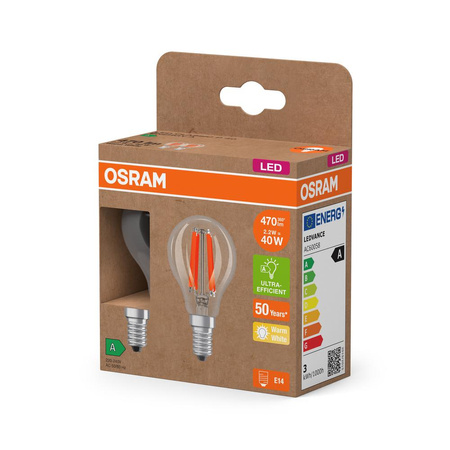 2x LED žárovka P45 Ball E14 2,2W = 40W 470lm 2700K Warm 320° 214lm/W CLASSIC ENERGY EFFICIENCY Osram