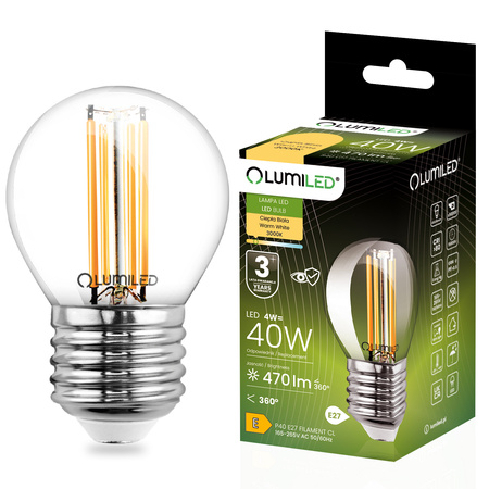 LED žárovka E27 P40 Filament 4W = 40W 470lm 3000K teplá bílá 360° LUMILED