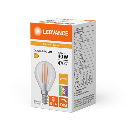 LED žárovka kulová E14 P45 4,2W = 40W 470lm 2700K teplá bílá 320° CRI97 stmívatelná Ledvance