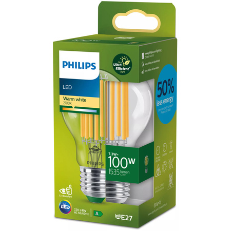 LED žárovka E27 A60 7.3W = 100W 1535lm 2700K Teplá bílá vlákno PHILIPS Ultra Efficient