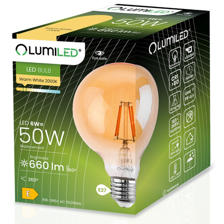3x Dekorativní Kulatá Žárovka LED E27, G95 6W = 50W 660lm 2000K Teplá bílá 360° Filament Globe Amber LUMILED