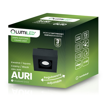 Povrchové Halogenové svítidlo GU10, SPOT Nastavitelná Čtvercová Černá AURI LUMILED