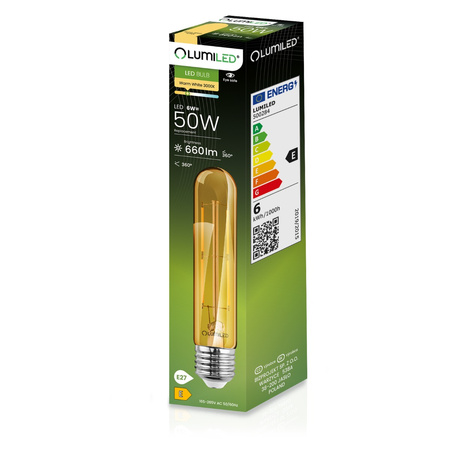 6X LED žárovka E27 T30 6W = 50W 660lm 3000K Warm 360° Amber Filament LUMILED