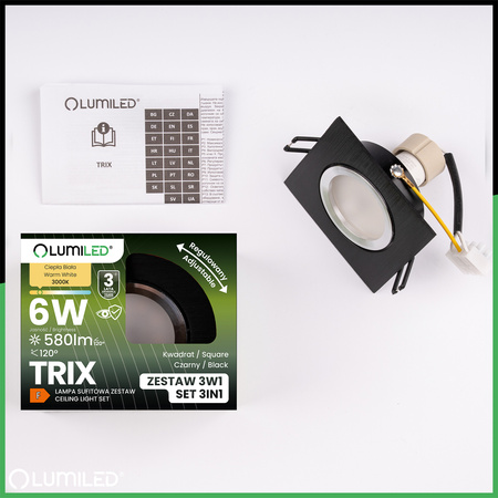 TRIX 3v1 GU10 6W 3000K Black LUMILED čtvercové pohyblivé halogenové svítidlo pro zapuštěnou montáž