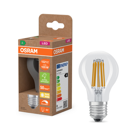 LED žárovka E27 A60 7,2W = 100W 1521lm 2700K teplá bílá 300° Filament Dimmable energetická třída A Ultra Efficient Osram
