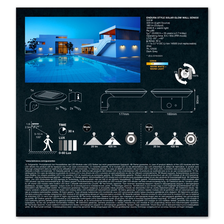 LED solární fasádní nástěnné svítidlo 3.6W 3000K ENDURA pohybový senzor LEDVANCE