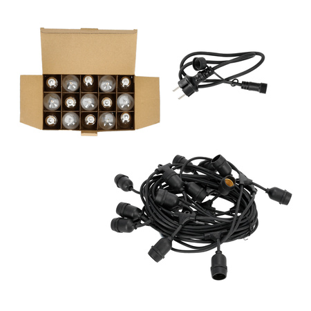 Venkovní zahradní světelný řetěz 500lm 2700K Warm 15x E27 Black IP44 15m Baja Kobi