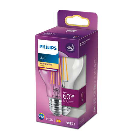 LED žárovka E27 A60 7W = 60W 806lm 2700K Teplá bílá vlákno PHILIPS