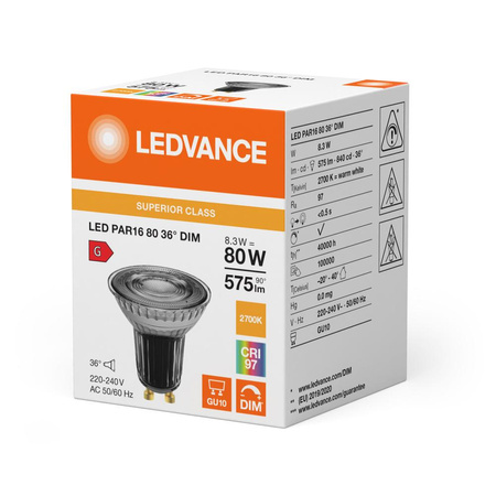 LED reflektorová žárovka GU10 PAR16 8,3W = 80W 575lm 2700K Warm 36° CRI97 Stmívatelná Ledvance