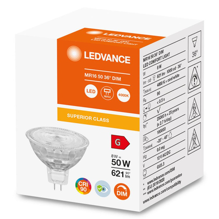 LED žárovka MR16 12V 8W = 50W 621lm 4000K neutrální bílá 36° CRI90 Stmívatelná Ledvance Superior