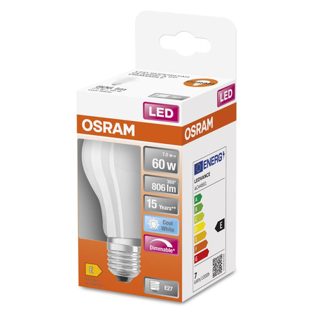 LED žárovka E27 A60 6,5W = 60W 806lm 4000K Neutrální 300° Stmívatelné vlákno OSRAM SUPER STAR